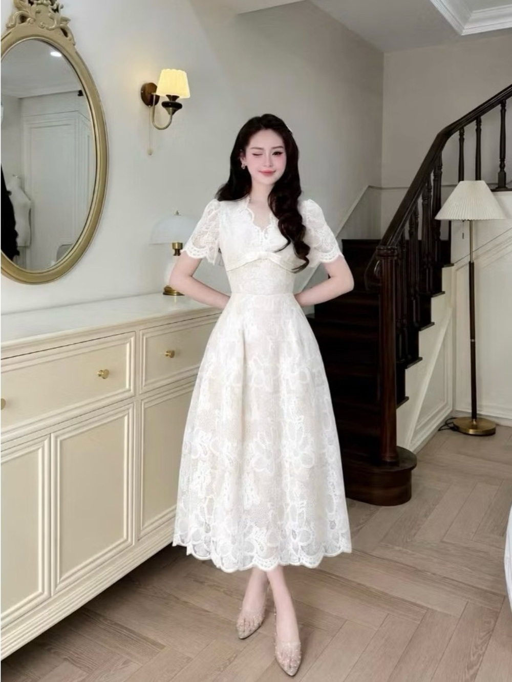 Elegant White Lace Midi Dress for Women